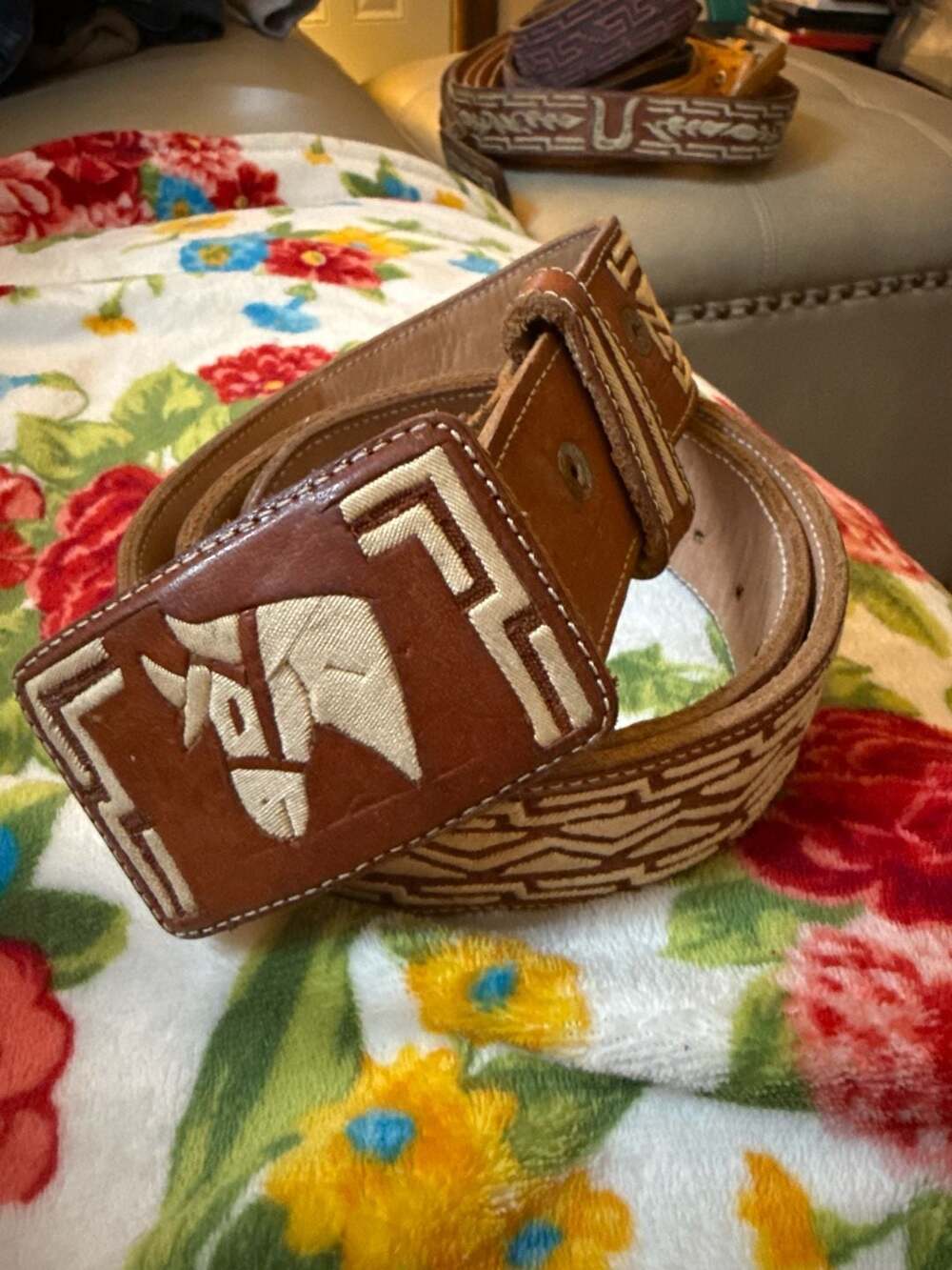 Handmade Piteado Leather Horse Belt with Embroidered Buckle